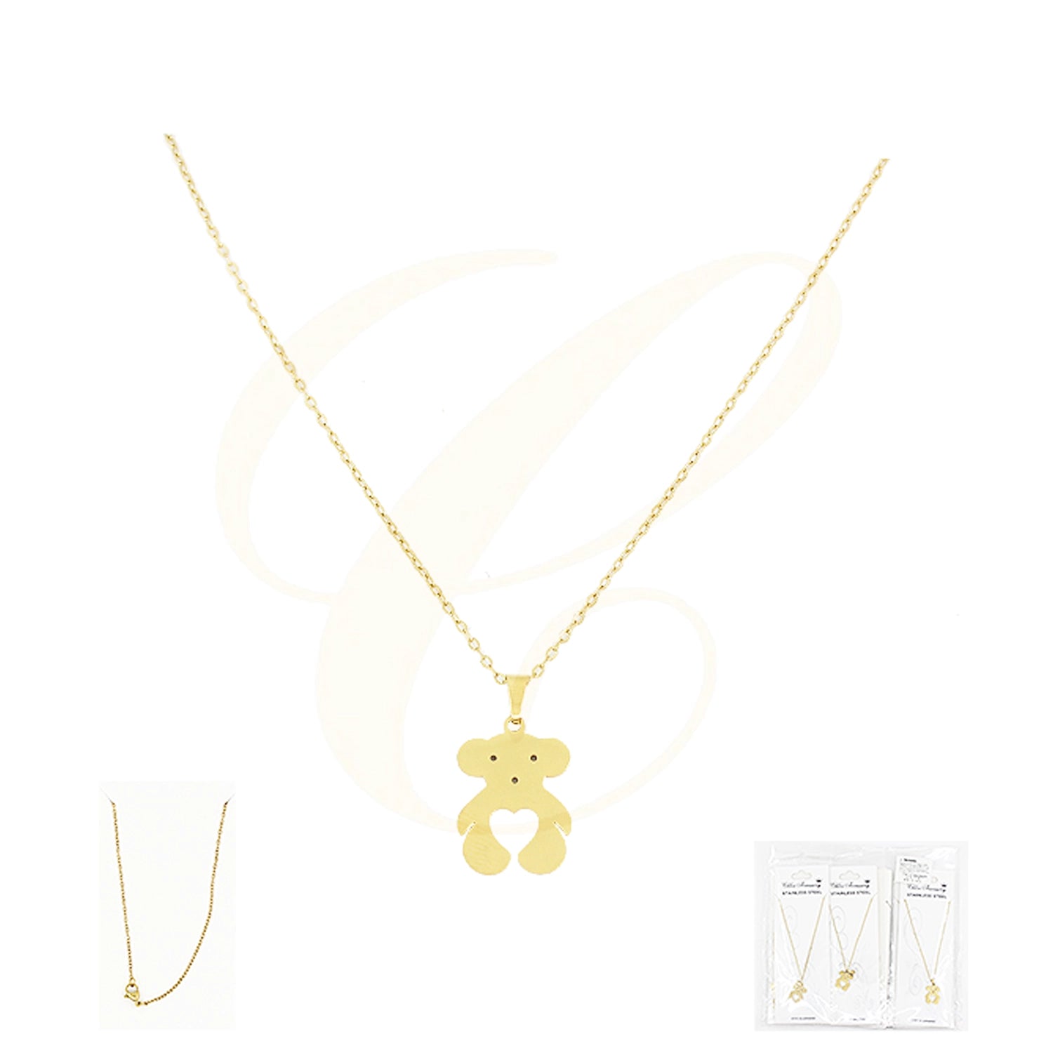Heart-Cutout Teddy Bear Necklace | Hypoallergenic Stainless Steel (SSN-0030GS)