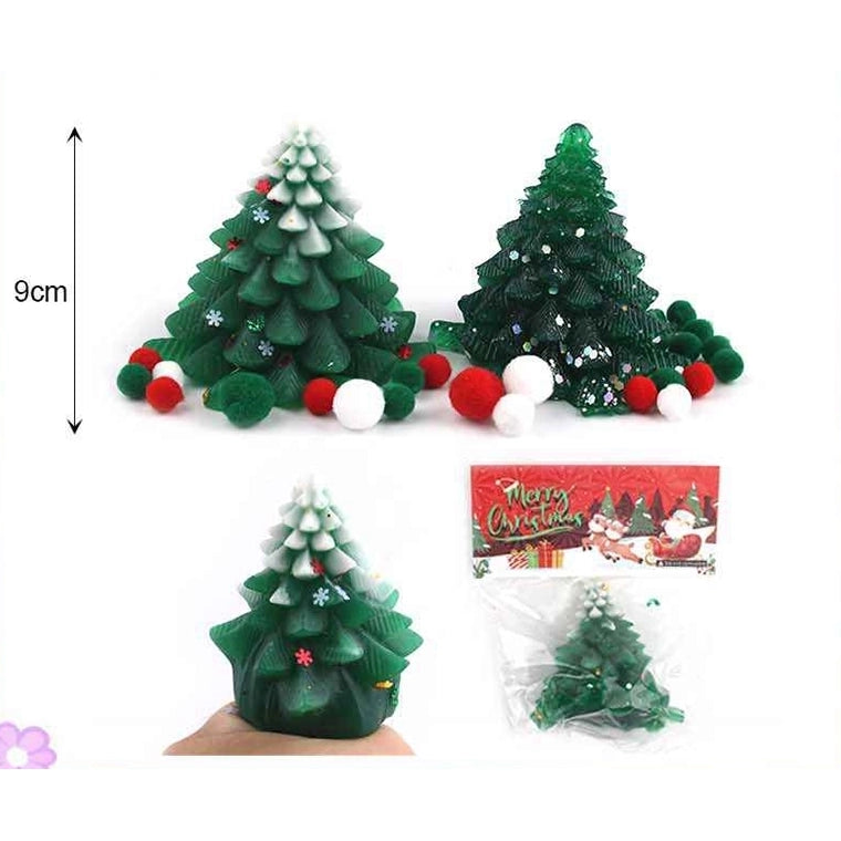 Christmas Tree Squishy Fidget Toy (9cm) – Mini Holiday Stress Reliever Toy with Pom Poms & Snow Detail (STY20)