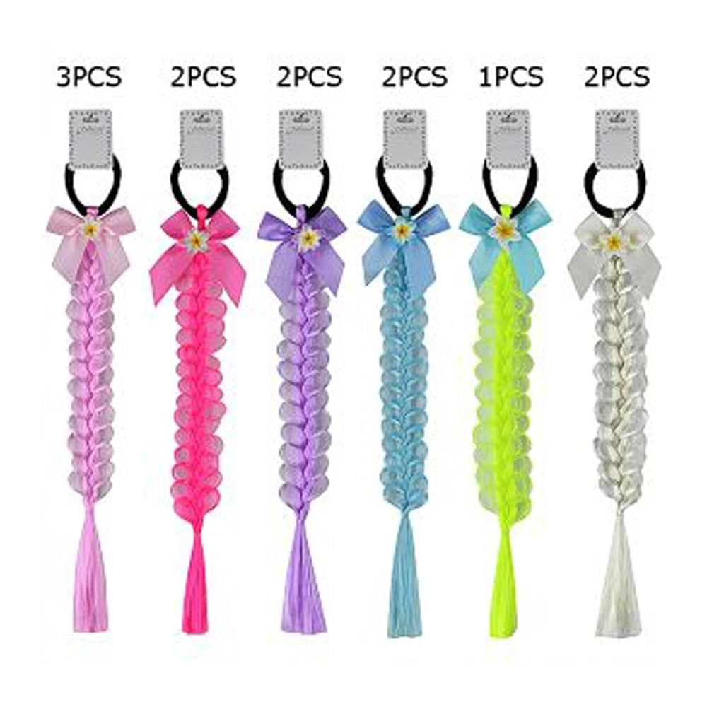 39cm Braided Hair Extension Ponytail Holder – Colorful Synthetic Hair Braid with Satin Bow and Flower Detail – Kids & Adults Hair Accessories (TK-1010M)