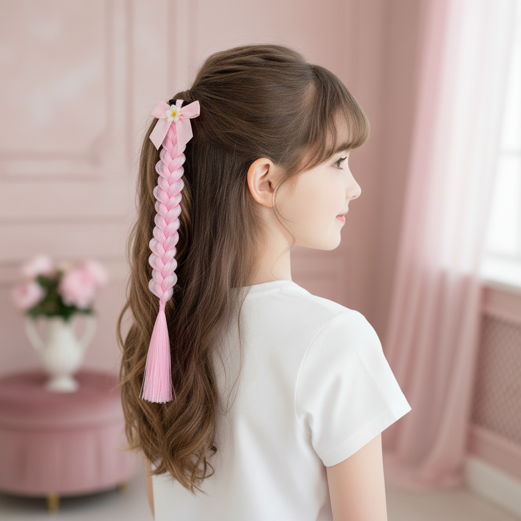 39cm Braided Hair Extension Ponytail Holder – Colorful Synthetic Hair Braid with Satin Bow and Flower Detail – Kids & Adults Hair Accessories (TK-1010M)