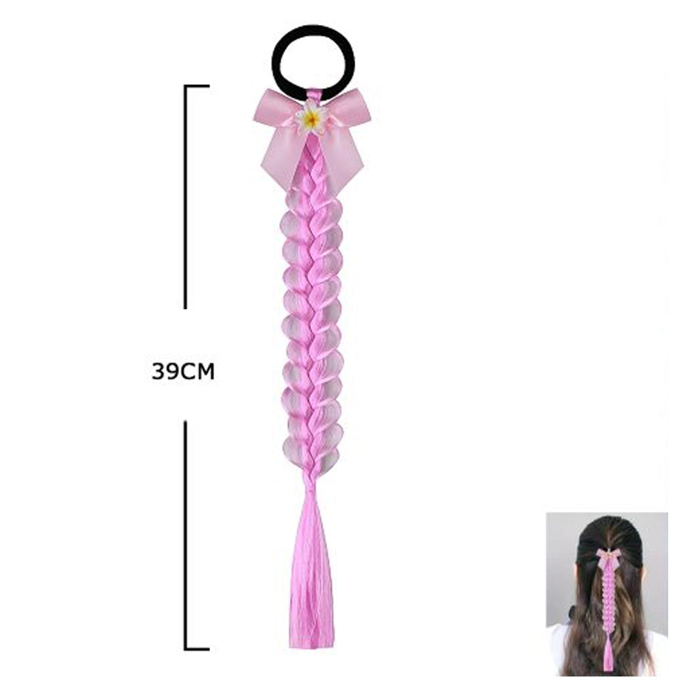 39cm Braided Hair Extension Ponytail Holder – Colorful Synthetic Hair Braid with Satin Bow and Flower Detail – Kids & Adults Hair Accessories (TK-1010M)