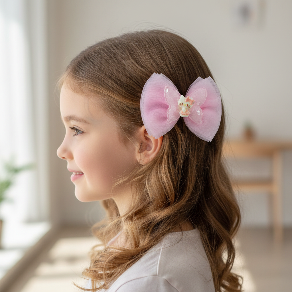 Butterfly Bow Hair Clips for Girls – 2-Piece Mesh Organza Bows with Sequin Butterfly & Cute Character Accent – 9cm Alligator Clips for Kids (TK-1061M)
