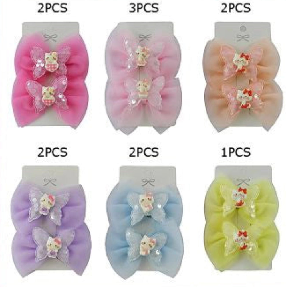 Butterfly Bow Hair Clips for Girls – 2-Piece Mesh Organza Bows with Sequin Butterfly & Cute Character Accent – 9cm Alligator Clips for Kids (TK-1061M)