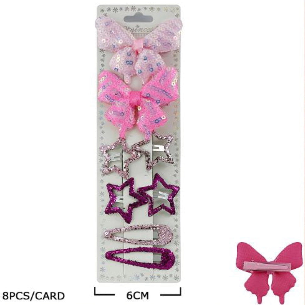 Glittery Sequined Hair Accessory Set – 8-Piece Sparkle Bow & Star Clip Collection (TK-1064M)