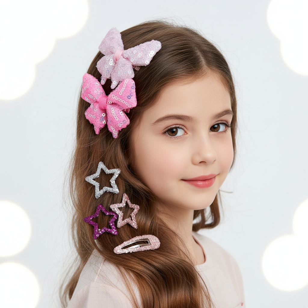 Glittery Sequined Hair Accessory Set – 8-Piece Sparkle Bow & Star Clip Collection (TK-1064M)