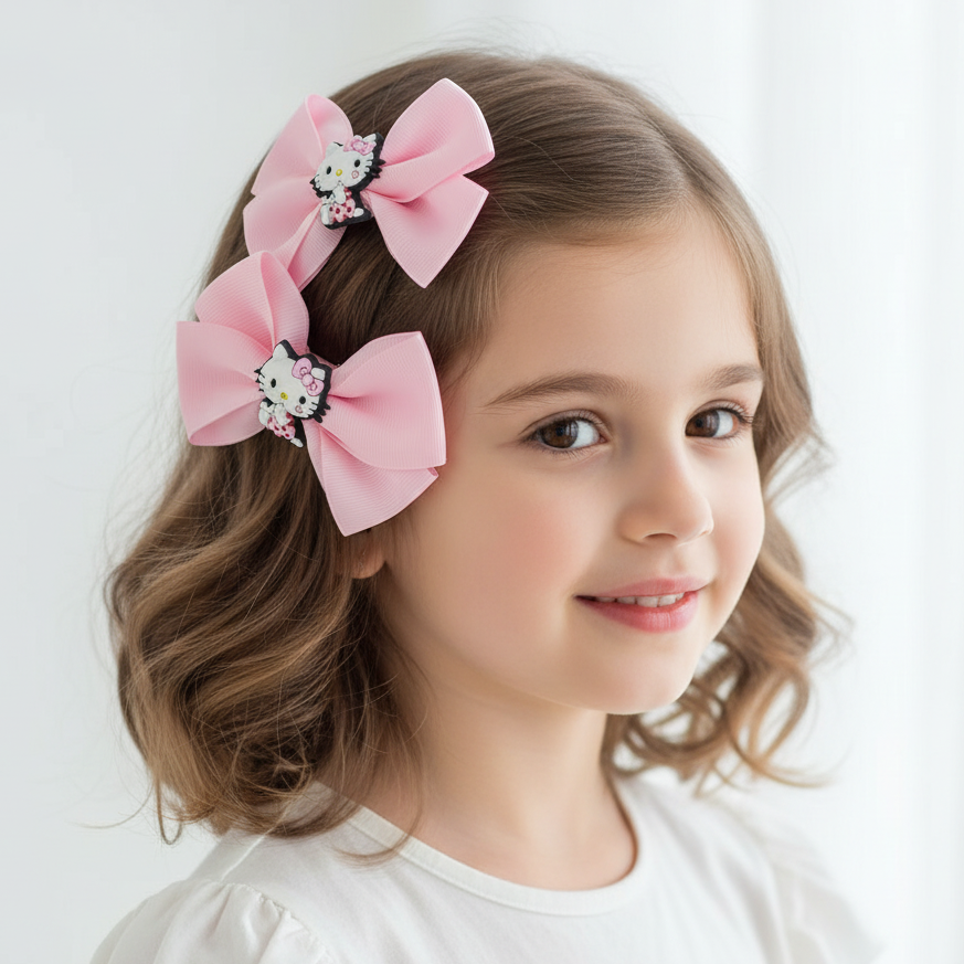 Kawaii Cartoon Cat Hair Accessory Set – 4-Piece Ribbon Bow & Clip Bundle for Kids (TK-1066M)