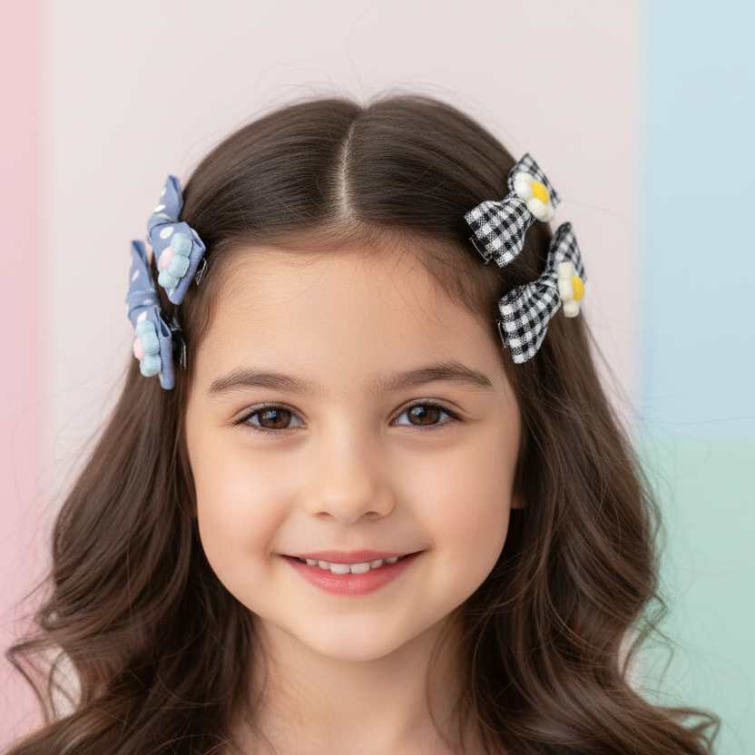 4pack Floral Bow Hair Clips – Cute Polka Dot & Gingham Alligator Clips for Girls & Toddlers (TK-1082M)