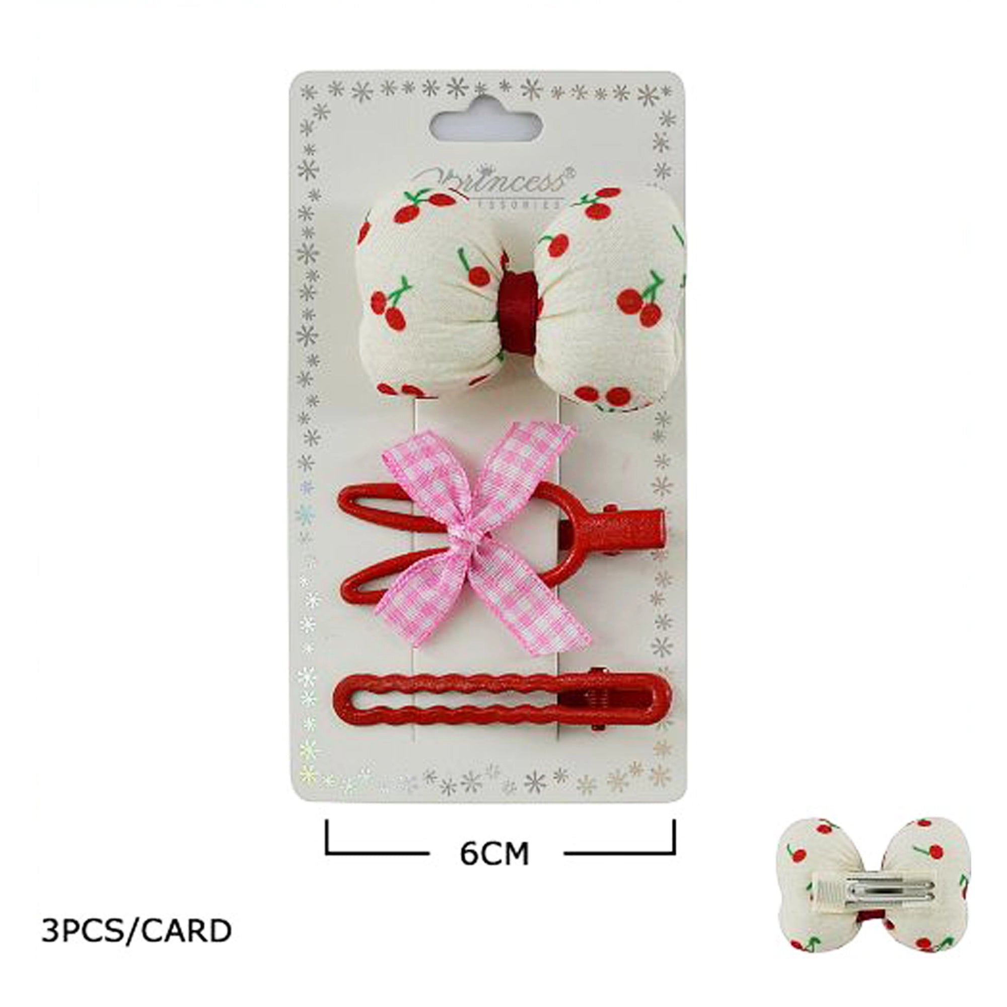 3-Piece Princess Hair Clip Set - Cherry & Gingham Bows - Cute Aesthetic Accessories for Kids & Teens (TK-1089M)