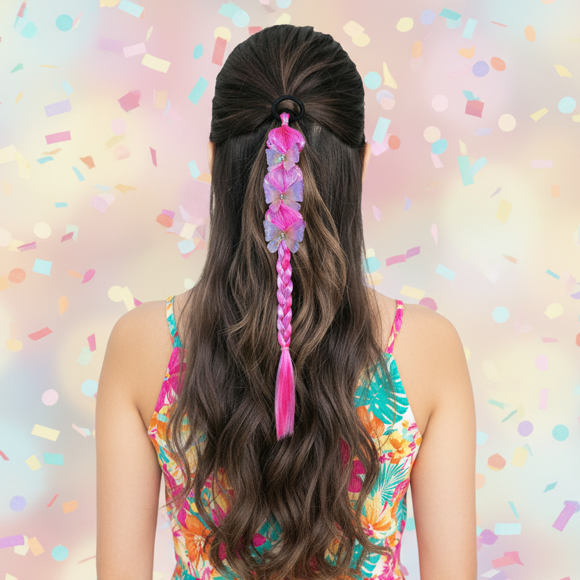 42cm Butterfly Braid Hair Extension for Kids – Colorful Synthetic Ponytail with Rhinestones – 2 Piece Set for Parties, Birthdays, and Festivals (TK-1092M)