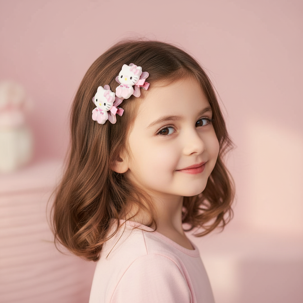 Cute Cartoon Kitten Hair Clips Set – Pastel Pink Alligator Hairpins for Girls, Kids Toddler Hair Accessories, Kawaii Bow Styling Clips (TK-1096M)