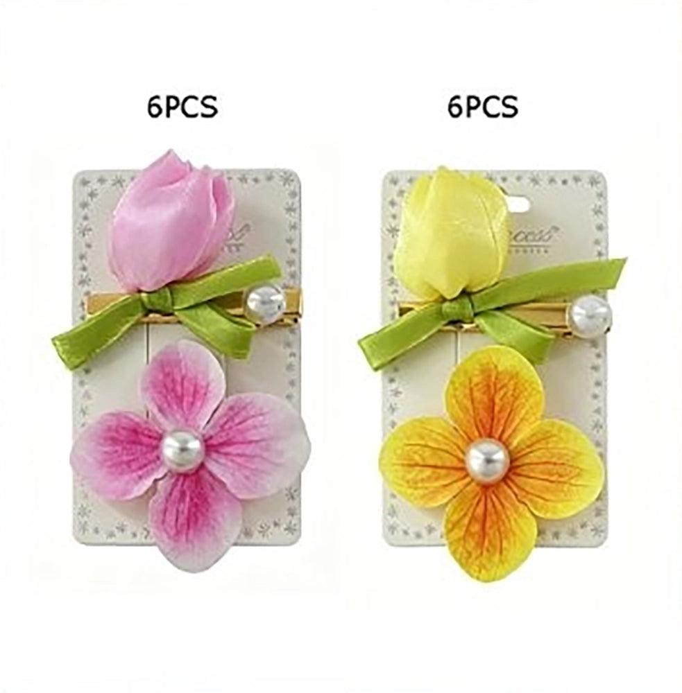 2-Piece Floral Hair Clips Set – Cute Fabric Flower & Tulip Alligator Clips with Faux Pearls for Girls and Women (Pink & Yellow) TK-1115K