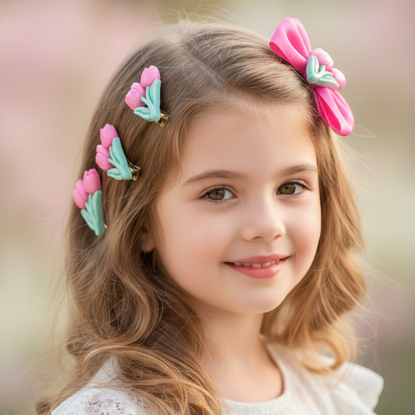 Hair Clips and Bows Set for Girls (4-Piece Card) – Cute Floral Alligator Clips, Toddler & Kids Hair Accessories, Pastel Spring Styling Set (TK-1121A)