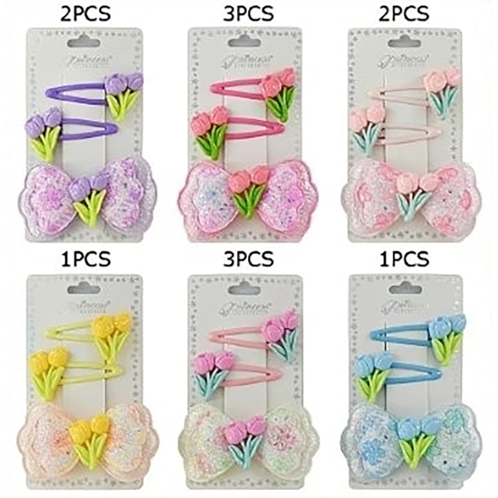 Floral Bow Hair Clip Set with Tulip Accents – Charming Accessory for Kids (TK-1122A)