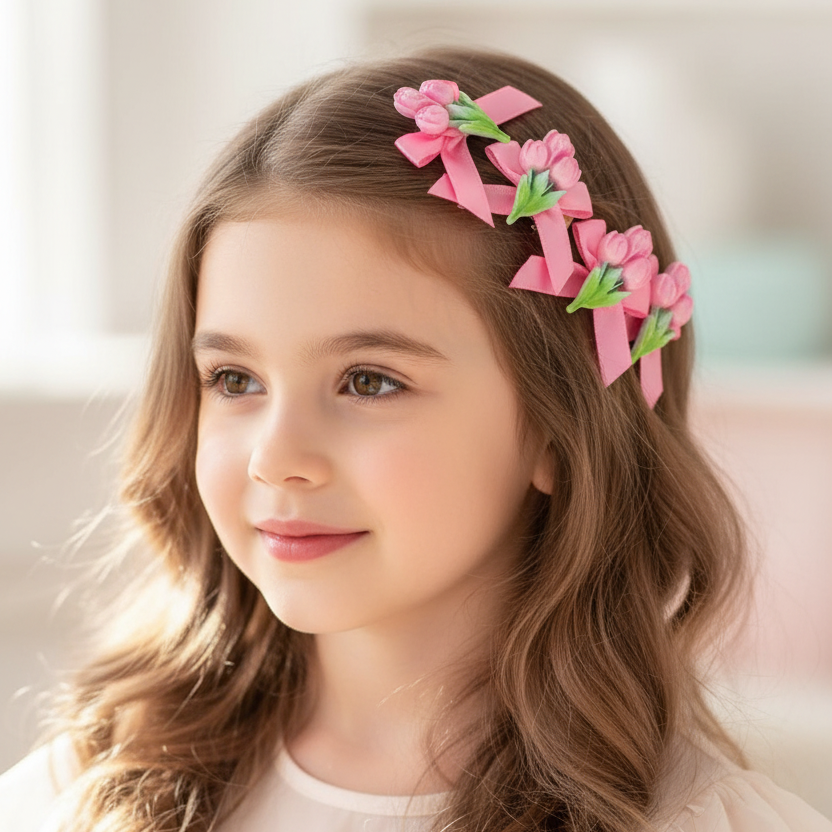 4pk Tulip Flower Bow Hair Clips – Cute 4cm Ribbon Bowknot Alligator Hairpins for Girls and Kids, Pastel Floral Hair Accessories Set (TK-1123A)