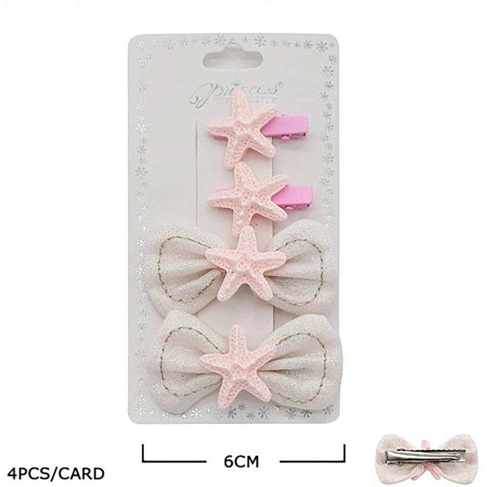 4pc Girls Ocean Beach Starfish Hair Clip Set – Cute Fabric Bows & Resin Starfish Alligator Hair Clamps for Toddlers, Kids, and Teens (TK-1125M)