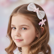 4pc Girls Ocean Beach Starfish Hair Clip Set – Cute Fabric Bows & Resin Starfish Alligator Hair Clamps for Toddlers, Kids, and Teens (TK-1125M)