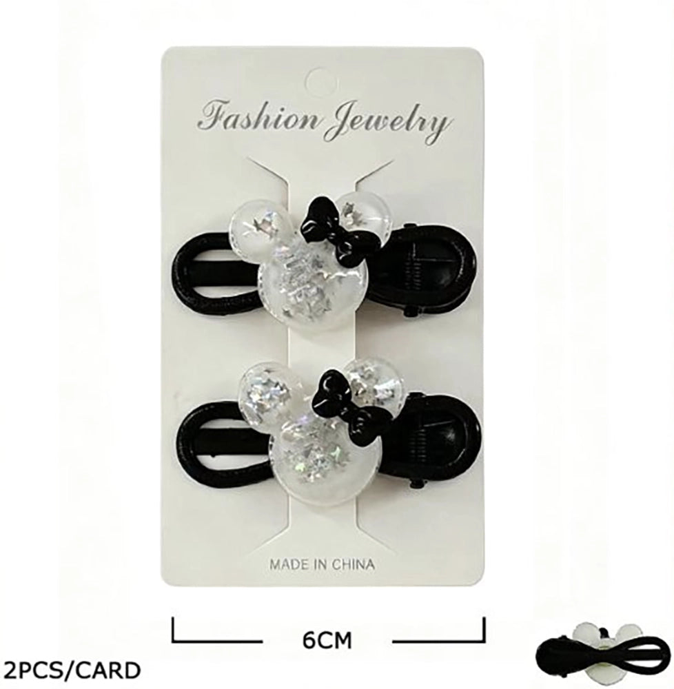 Mouse Ears Glitter Hair Clips Set – Cute Black and White Shaker Hair Barrettes for Girls and Toddlers, 6cm Alligator Clips (TK-1138BW)