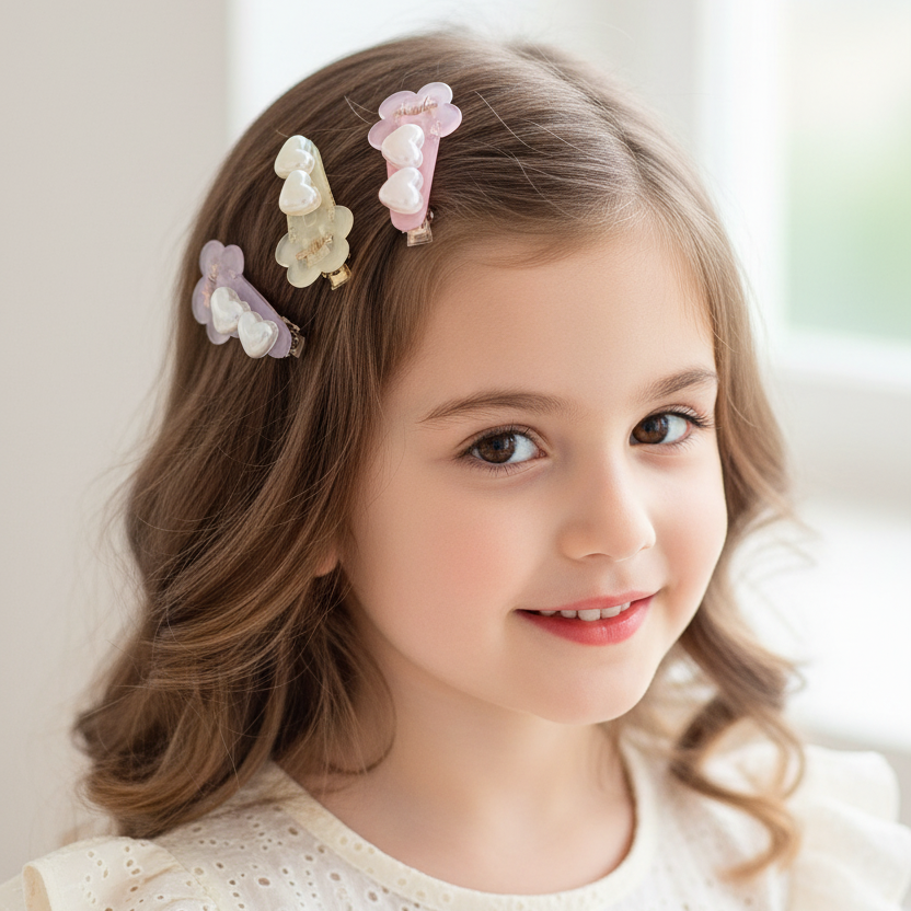 4pc Pastel Hair Clips Set for Girls – Cute Flower and Heart Pearl Hair Barrettes, Non-Slip Mini Jaw Clips, Kids Hair Accessories Pack (4.5cm) (TK-1140S)