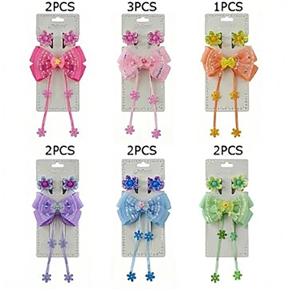 3pc Floral Ribbon Hair Bow Set with Long Streamers – Cute Flower Hair Clips and Tassel Bow Extensions for Toddlers, Girls, and Kids (TK-1141S)