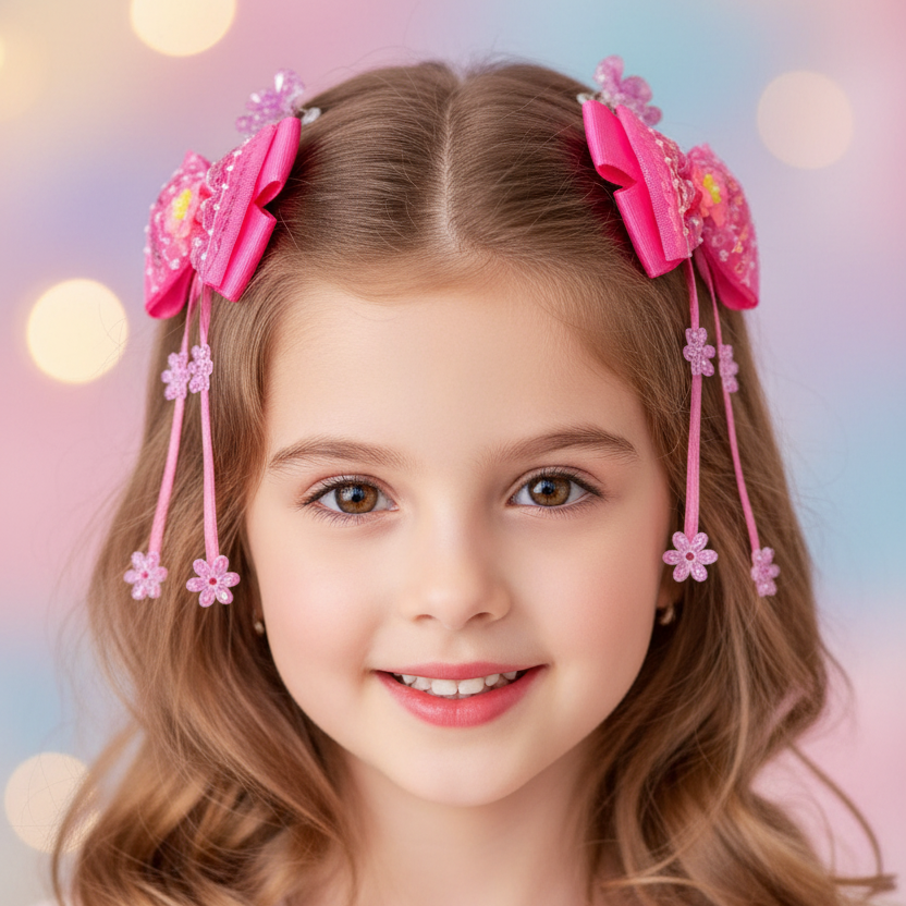 3pc Floral Ribbon Hair Bow Set with Long Streamers – Cute Flower Hair Clips and Tassel Bow Extensions for Toddlers, Girls, and Kids (TK-1141S)