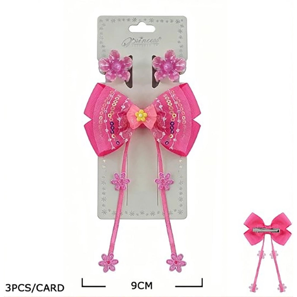 3pc Floral Ribbon Hair Bow Set with Long Streamers – Cute Flower Hair Clips and Tassel Bow Extensions for Toddlers, Girls, and Kids (TK-1141S)