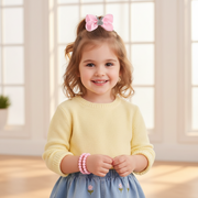3-Piece Kids Hair Bow and Bracelet Set – 12cm Satin Ribbon Hair Clip with Rhinestone Bunny, Matching Beaded Elastic Bracelets (TK-1161S)