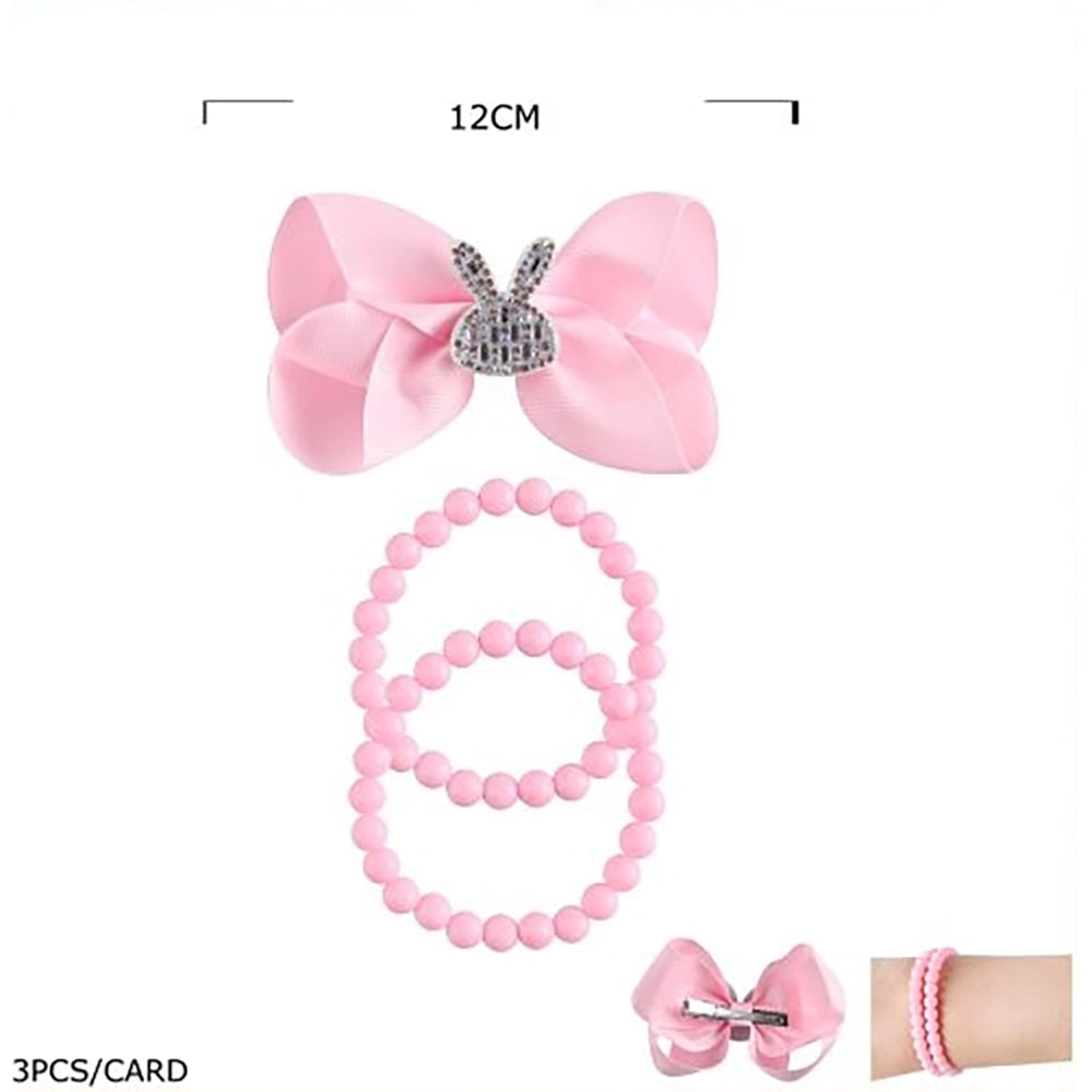 3-Piece Kids Hair Bow and Bracelet Set – 12cm Satin Ribbon Hair Clip with Rhinestone Bunny, Matching Beaded Elastic Bracelets (TK-1161S)