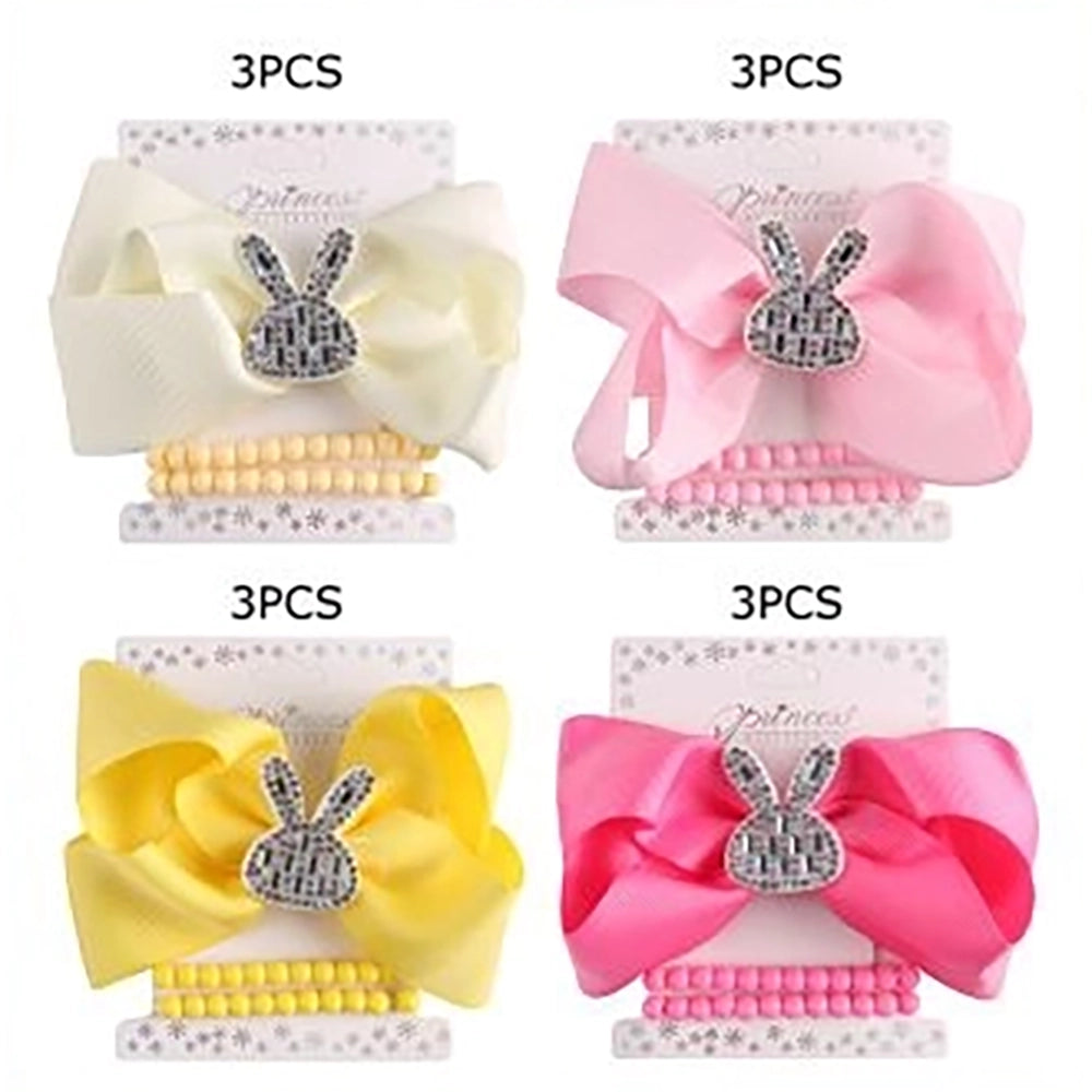 3-Piece Kids Hair Bow and Bracelet Set – 12cm Satin Ribbon Hair Clip with Rhinestone Bunny, Matching Beaded Elastic Bracelets (TK-1161S)