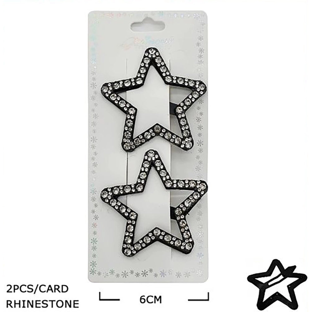 Sparkly Rhinestone Star Hair Clips (2-Pack) | Hollow Cutout Star Hair Barrettes & Duckbill Clips for Girls, Teens, and Women (6cm) (TK-1197S)