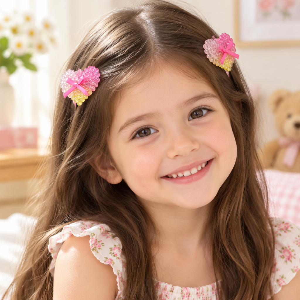 Beaded Heart Hair Clips with Bow Accent – 2-Piece Set (TK-1212S)