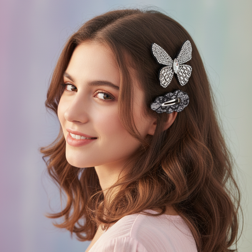 Rhinestone Butterfly & Lace Hair Clips – Sparkling Bow Barrettes for Women & Girls, 3PCS/Card (TK-1225AT)