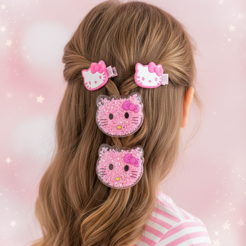 4pk Cute Cartoon Cat Glitter Hair Clips Set | Shaking Sequin Star Hair Accessories for Toddlers, Kids, and Girls (TK-566M)