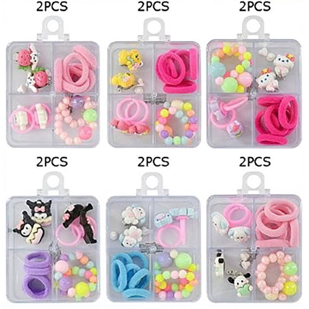 Kids Hair Accessories Gift Set with Organizer Box (7-Piece/Box) - Cute Cartoon Hair Ties, Rings, Clips & Beaded Bracelets for Toddlers & Little Girls (TK-626M)