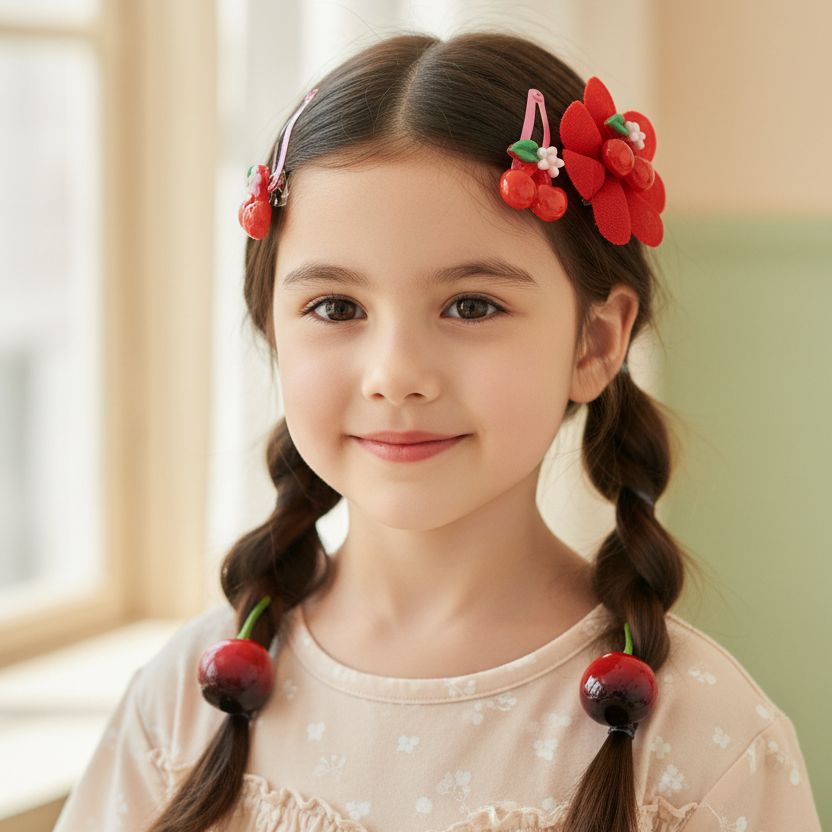 3pc Cherry Hair Clip Set – Cute Red Flower & Fruit Hairpins for Girls, Toddlers, and Kids (Style TK-901M) (TK-901M)