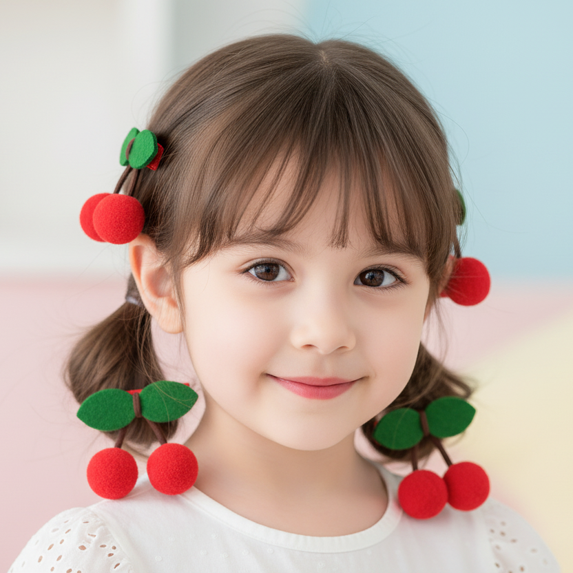 4Pcs Cute Cherry Pom Pom Hair Clips Set | Red & Pink Velvet Leaf Fruit Alligator Clips for Toddlers, Girls, and Kids (TK-906M)