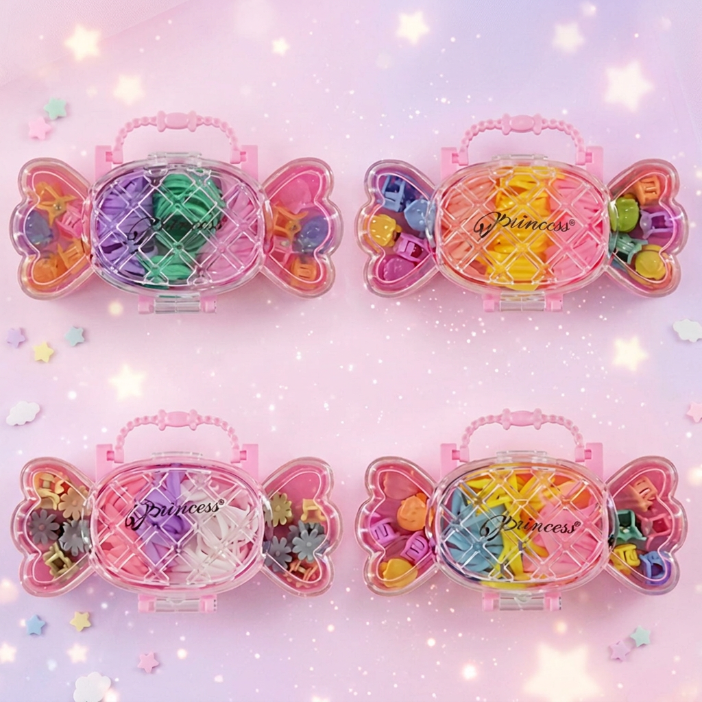 Candy-Shaped Portable Hair Accessory Organizer Case Set | Kids Mini Hair Elastics & Claw Clips Travel Storage Box Set (TK-940M1)