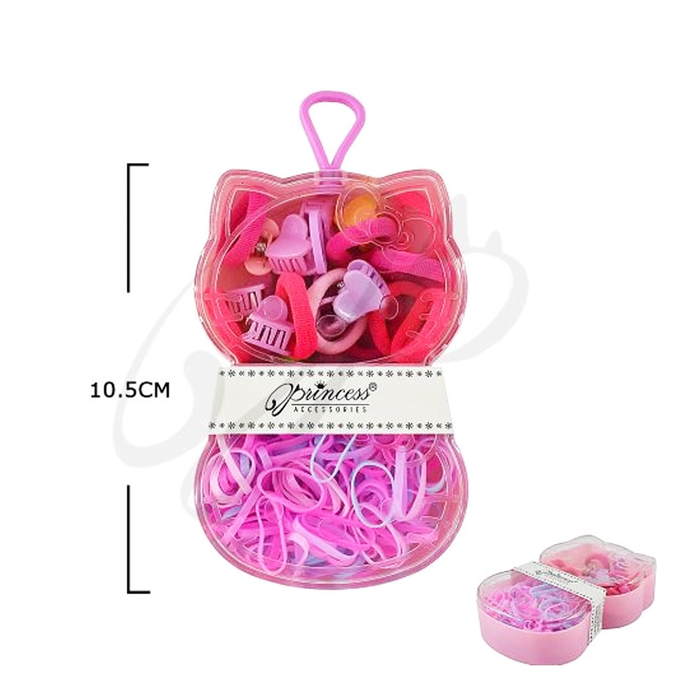 Princess Accessories 3-Piece Kids Hair Set – Cat-Shaped Travel Case with Elastic Rubber Bands (TK-981M)