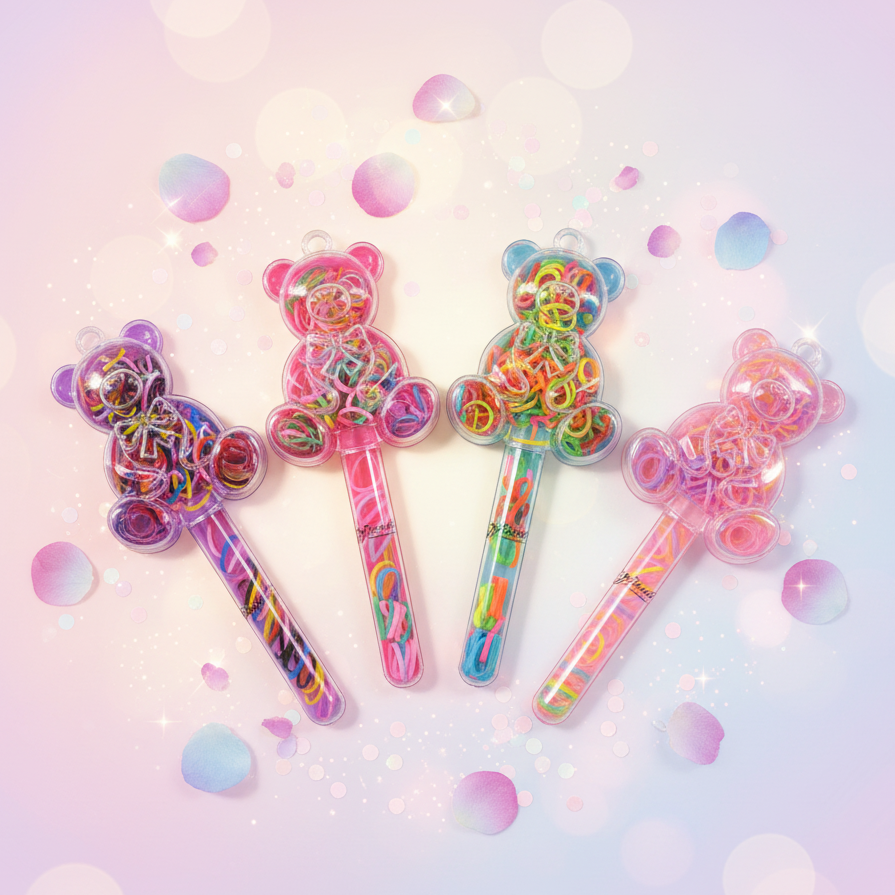 Kids Bear-Shaped Hair Elastic Set (3-Piece) – Colorful Mini Rubber Bands in Transparent Wand Case (17.5cm) (TK-985M)