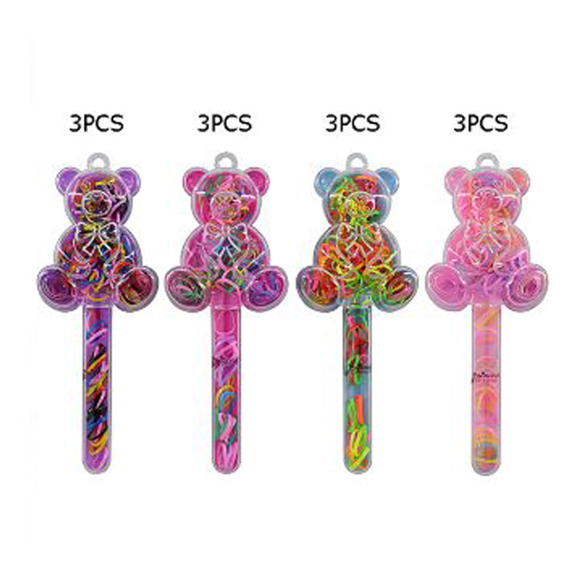 Kids Bear-Shaped Hair Elastic Set (3-Piece) – Colorful Mini Rubber Bands in Transparent Wand Case (17.5cm) (TK-985M)