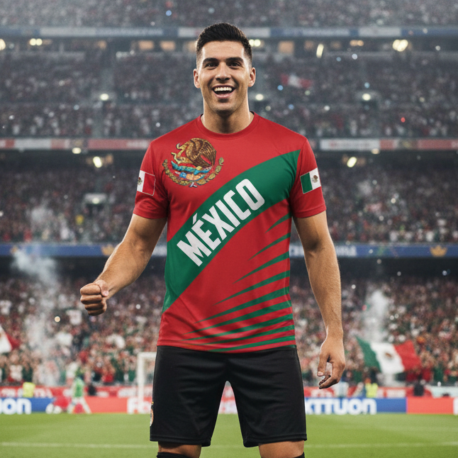 Mexico National Pride Men’s Graphic T-Shirt – Vibrant Green & Red Sash Design with Mexican Coat of Arms | National Team Design Soccer Shirt - Wholesale 6pc Pack (S-XL)
