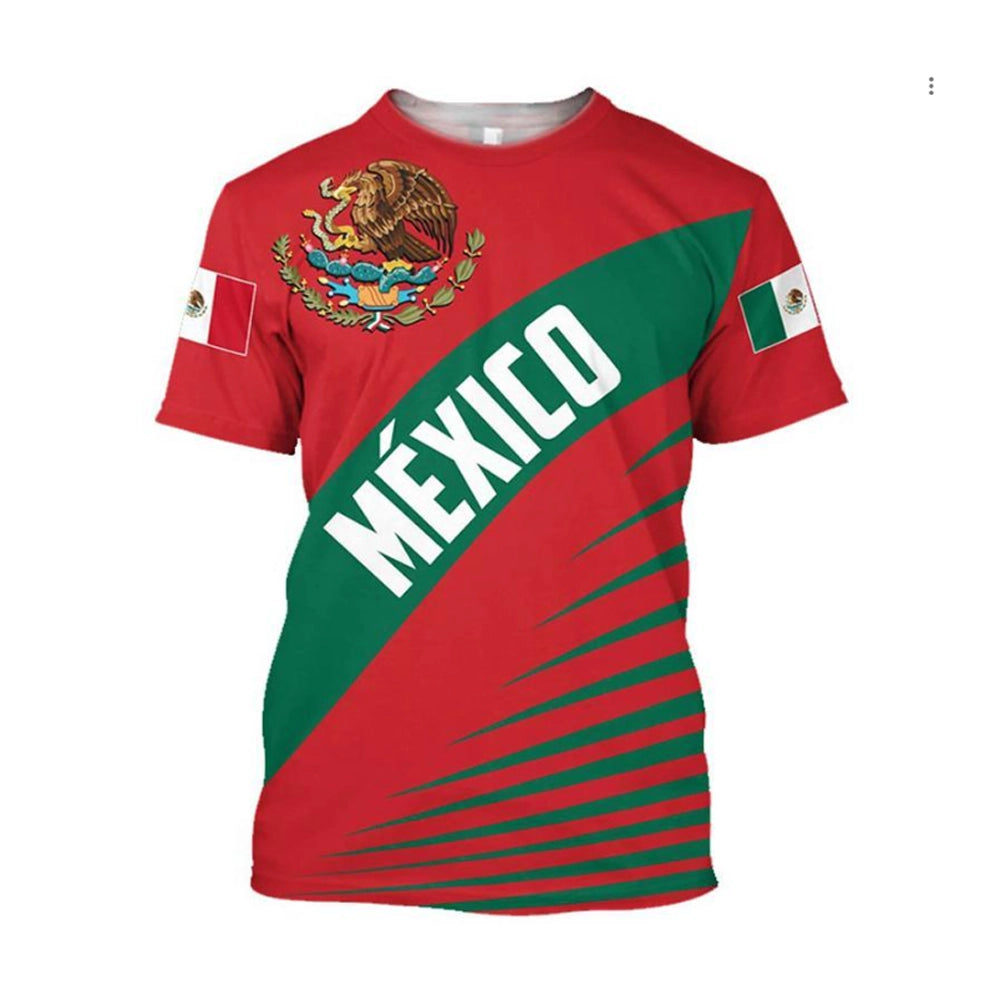 Mexico National Pride Men’s Graphic T-Shirt – Vibrant Green & Red Sash Design with Mexican Coat of Arms | National Team Design Soccer Shirt - Wholesale 6pc Pack (S-XL)