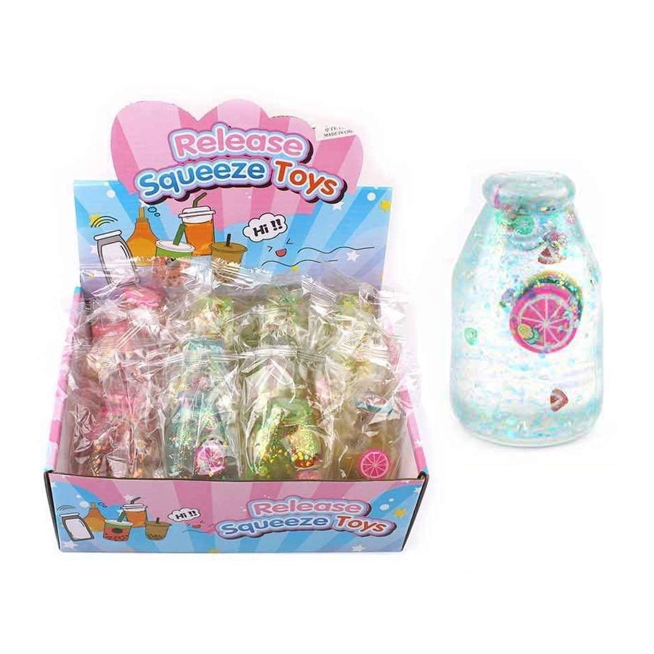 Sugar Jelly Squeeze Squishy Toy – Glitter Fruit Drink Bottle Sensory Fidget Toy, 9cm, Assorted Colors, 12PCS/Box (TY-0042)