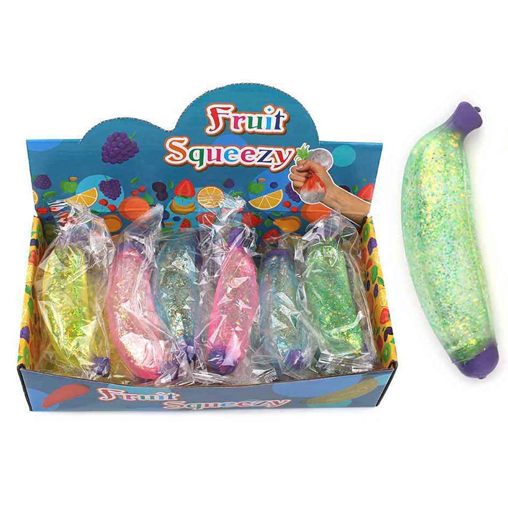 Glitter Fruit Squeezy Banana Stress Ball Toy (13 cm) - 12-Piece Sugar Jelly Squishy Set for Kids & Adults (TY-0048)