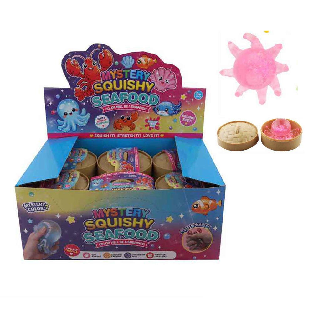Mystery Squishy Seafood Toy Set in Steamer Container – 8cm TPR Glitter Octopus Stress Relief Fidget Toy (12 Pcs Display Box) (TY-0062)