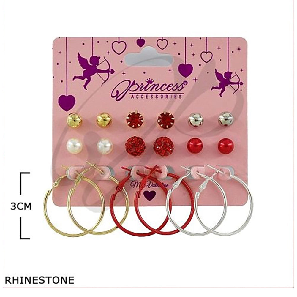 Red Rhinestone, Pearl Studs & 3cm Hoop Earrings (VEF-20033)