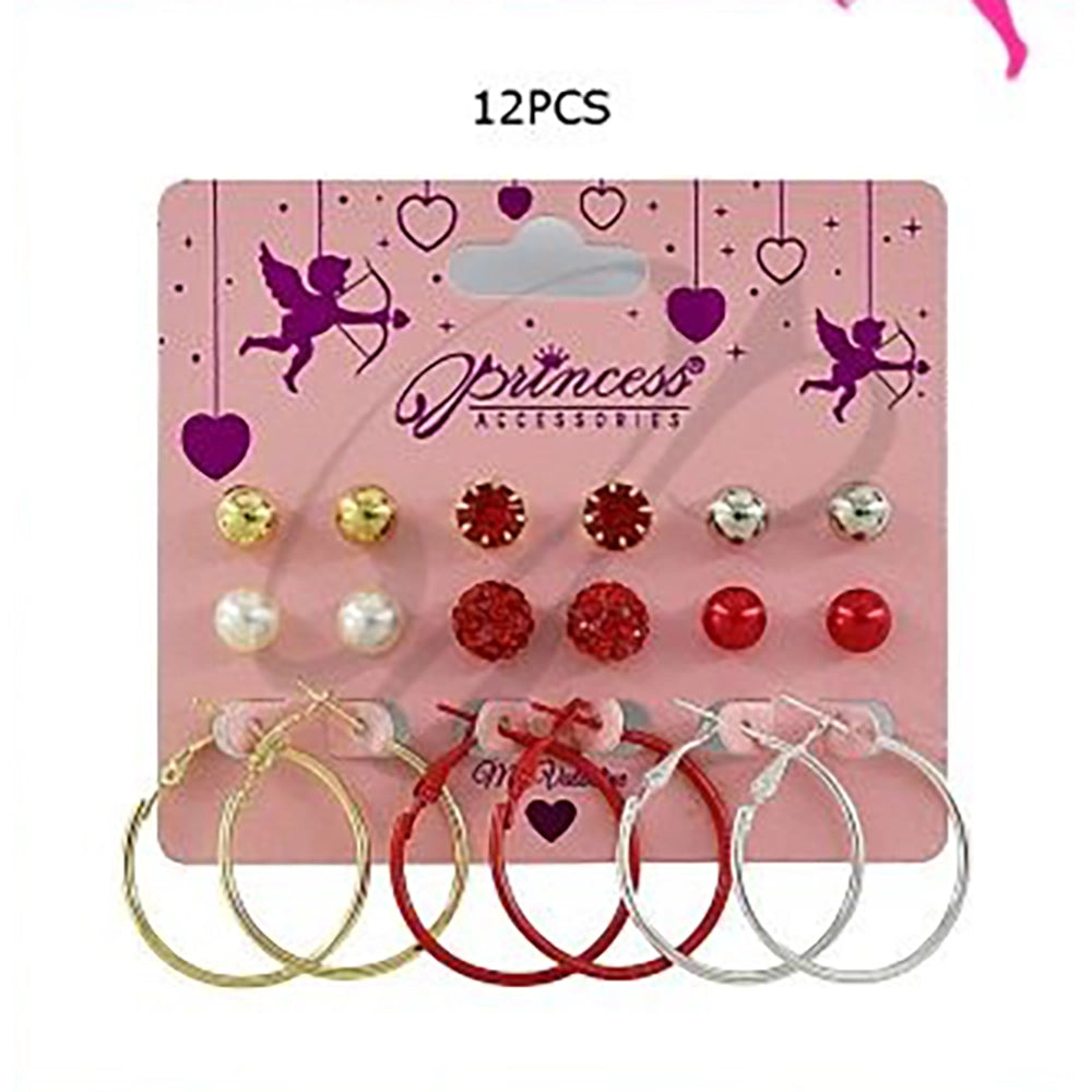 Red Rhinestone, Pearl Studs & 3cm Hoop Earrings (VEF-20033)