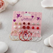 Red Rhinestone, Pearl Studs & 3cm Hoop Earrings (VEF-20033)