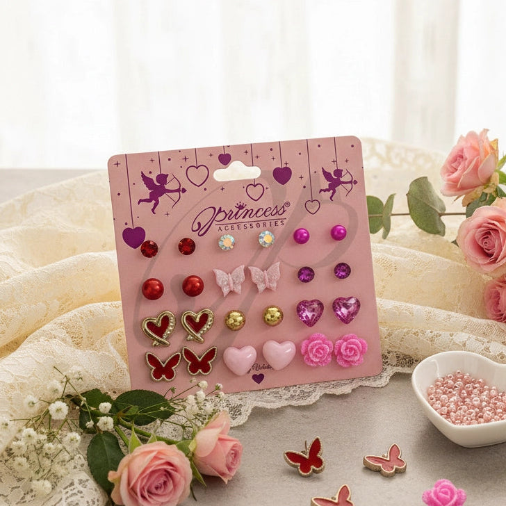 Multi-Pair Earring Set – Hearts, Butterflies, & Roses (VEF20040)