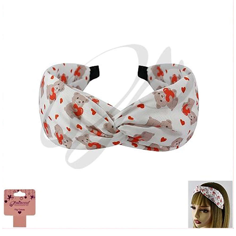 Valentine’s Day Knotted Headbands for Women - Cute Teddy Bear & Heart Print Turban Style Hairbands - Wide Fashion Hair Accessories (VHB-8020)