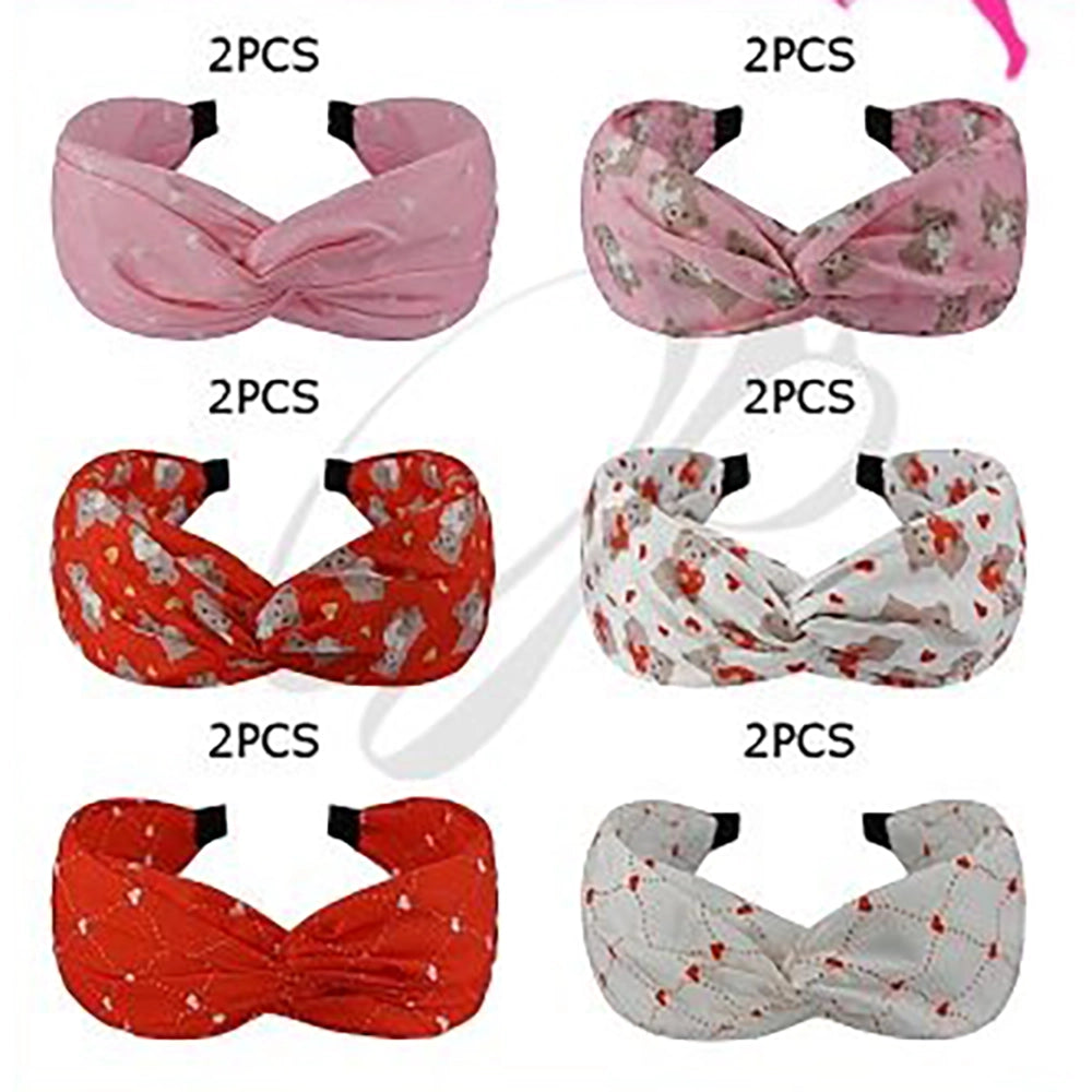 Valentine’s Day Knotted Headbands for Women - Cute Teddy Bear & Heart Print Turban Style Hairbands - Wide Fashion Hair Accessories (VHB-8020)